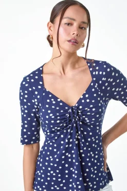 Roman Navy Petite Polka Dot Ruched Stretch Top