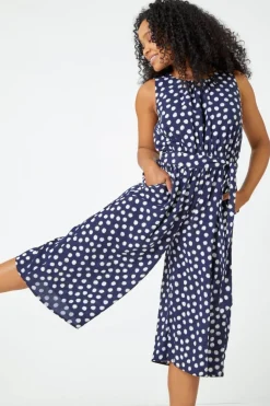 Roman Navy Petite Polka Dot Cropped Jumpsuit