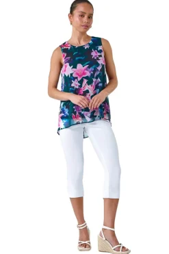 Roman Navy Petite Sleeveless Floral Print Top