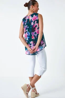 Roman Navy Petite Sleeveless Floral Print Top