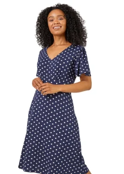 Roman Navy Petite Spot Print Stretch Jersey Dress