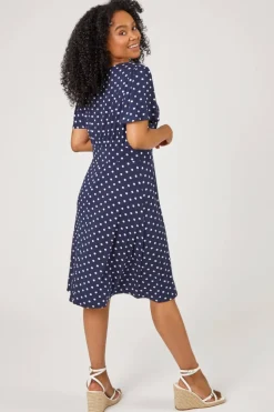 Roman Navy Petite Spot Print Stretch Jersey Dress