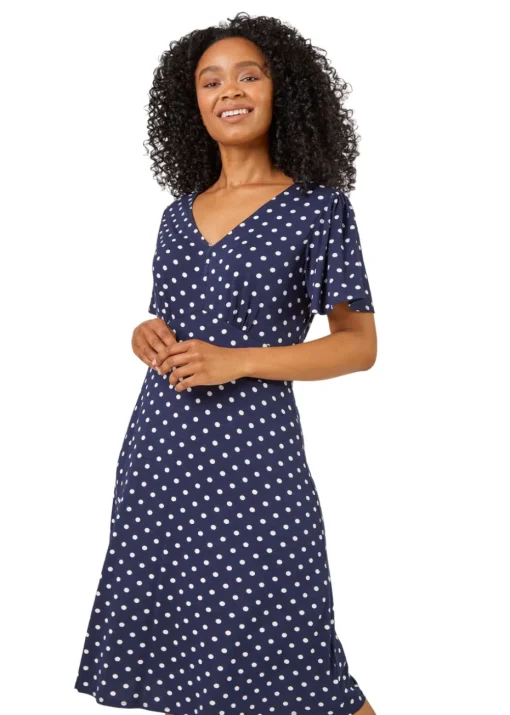 Roman Navy Petite Spot Print Stretch Jersey Dress