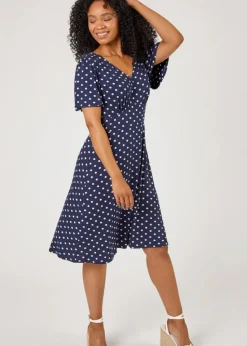 Roman Navy Petite Spot Print Stretch Jersey Dress
