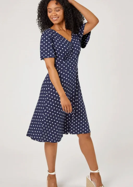 Roman Navy Petite Spot Print Stretch Jersey Dress