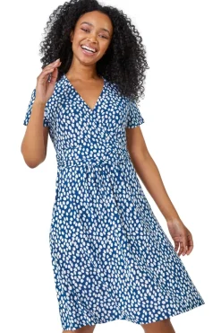 Roman Navy Petite Spot Print Wrap Dress