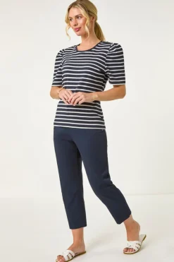 Roman Navy Petite Stripe Ruched Top