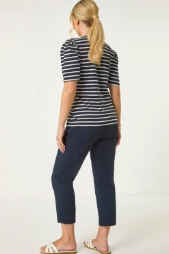 Roman Navy Petite Stripe Ruched Top
