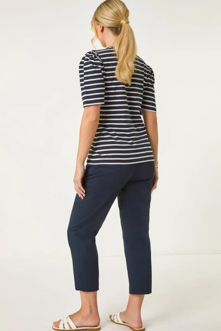 Roman Navy Petite Stripe Ruched Top