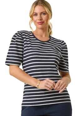 Roman Navy Petite Stripe Ruched Top