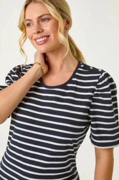 Roman Navy Petite Stripe Ruched Top