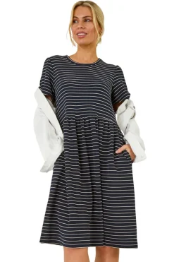 Roman Navy Petite Stripe Stretch Pocket Dress