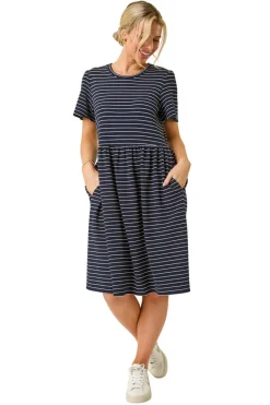 Roman Navy Petite Stripe Stretch Pocket Dress