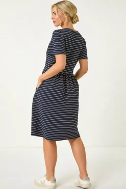 Roman Navy Petite Stripe Stretch Pocket Dress