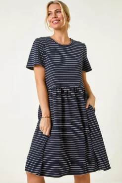 Roman Navy Petite Stripe Stretch Pocket Dress