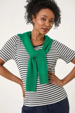 Roman Navy Petite Stripe Short Sleeve Stretch Top