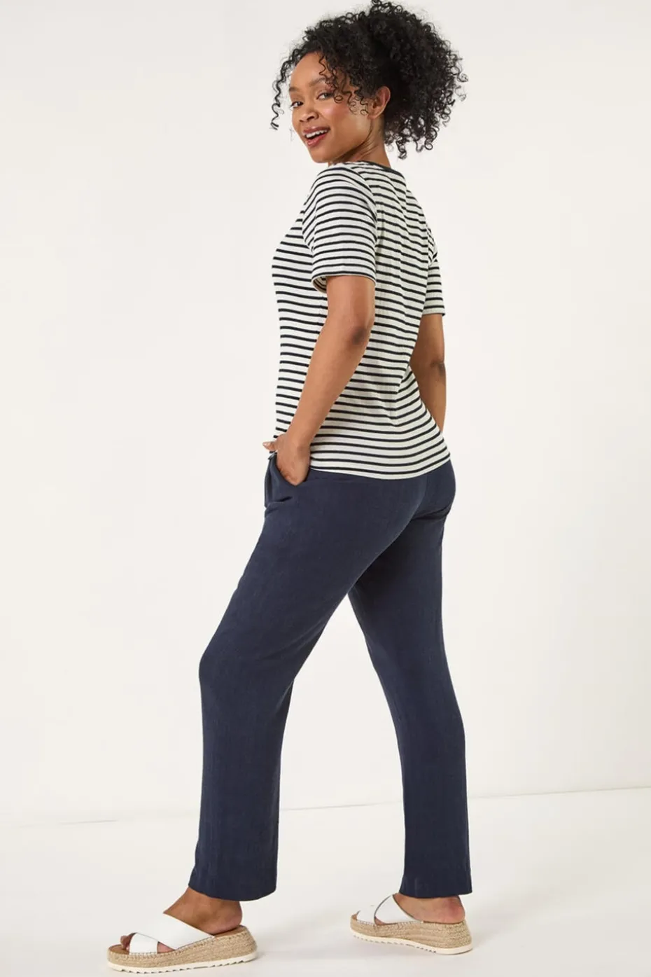Roman Navy Petite Stripe Short Sleeve Stretch Top