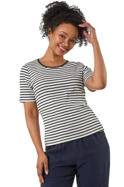 Roman Navy Petite Stripe Short Sleeve Stretch Top
