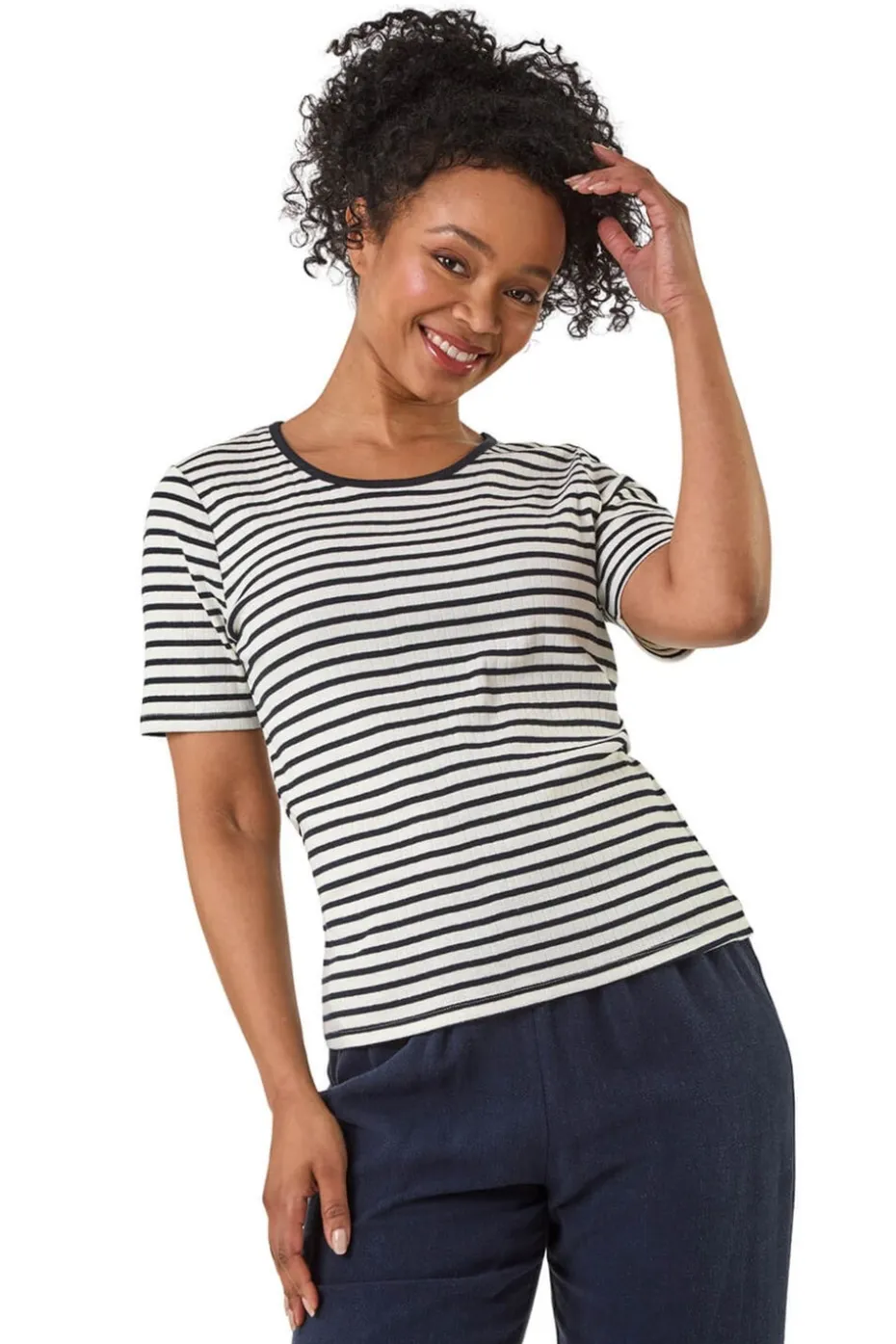 Roman Navy Petite Stripe Short Sleeve Stretch Top