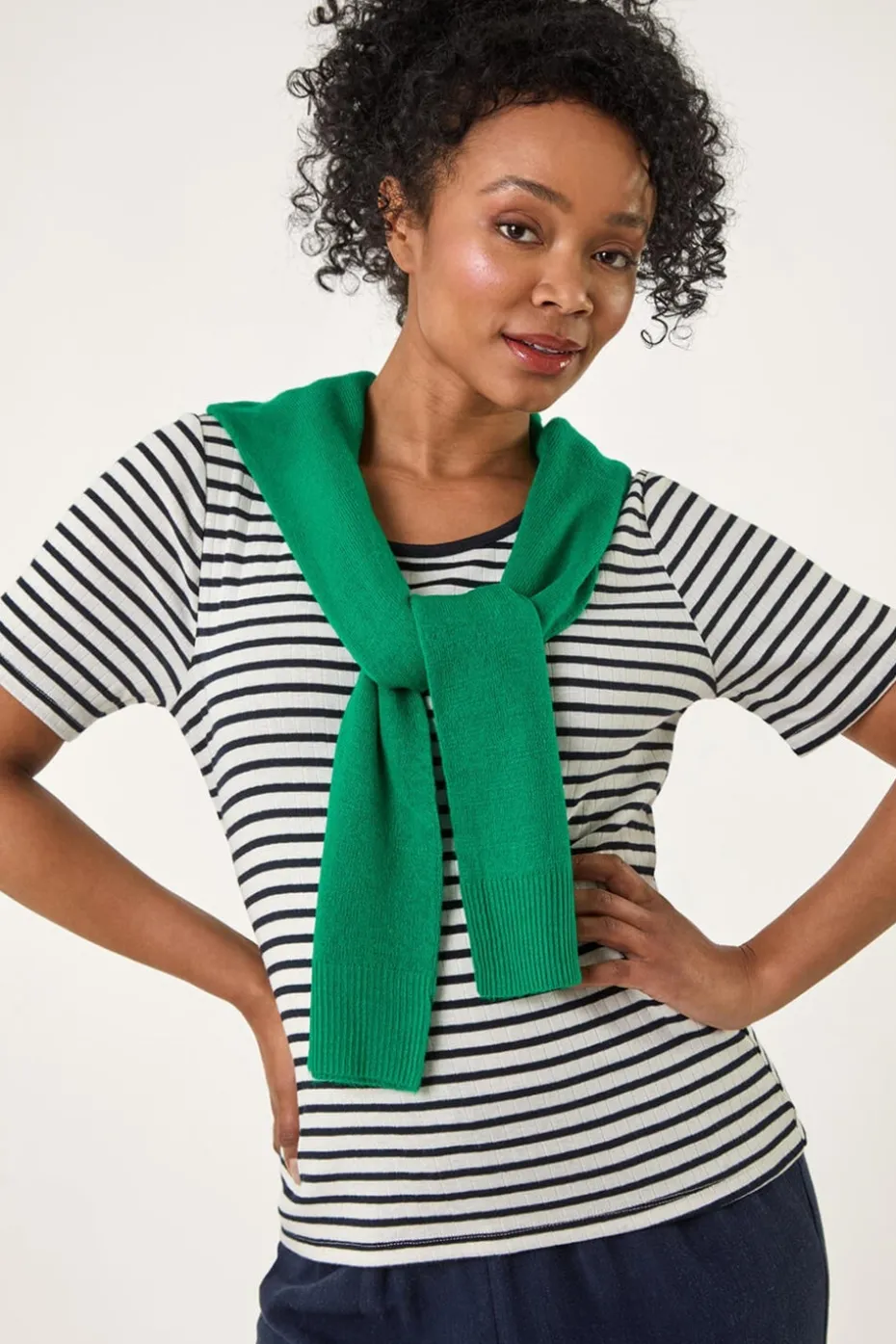 Roman Navy Petite Stripe Short Sleeve Stretch Top