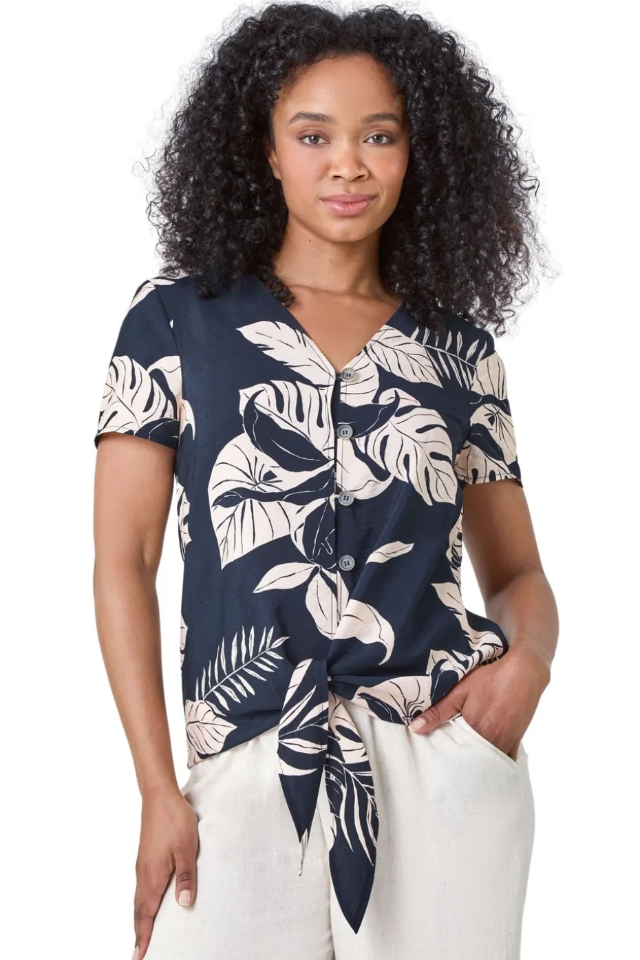 Roman Navy Petite Tropical Tie Detail Top