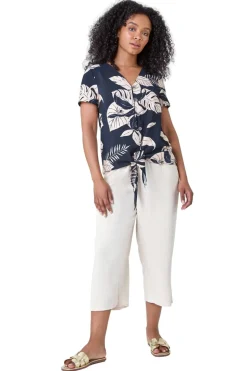 Roman Navy Petite Tropical Tie Detail Top