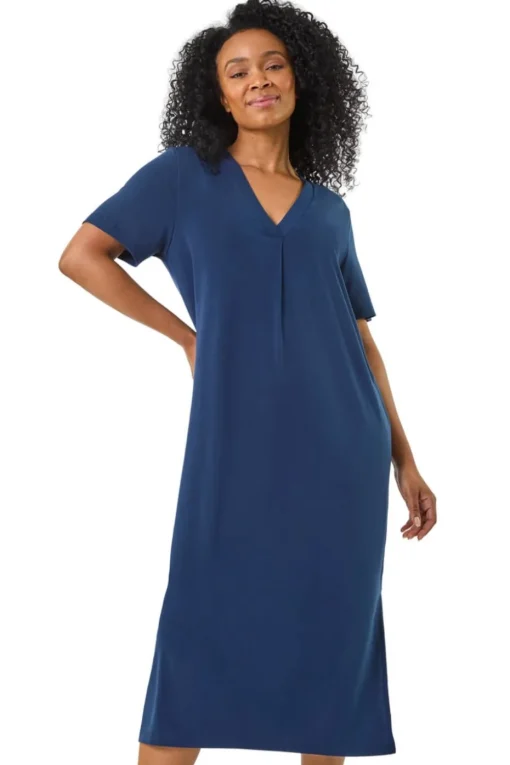 Roman Navy Petite V Neck Stretch Midi Dress