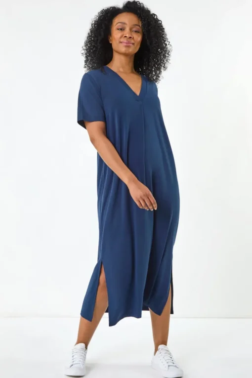 Roman Navy Petite V Neck Stretch Midi Dress