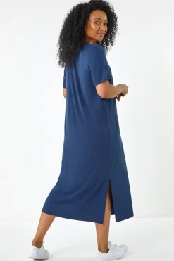 Roman Navy Petite V Neck Stretch Midi Dress