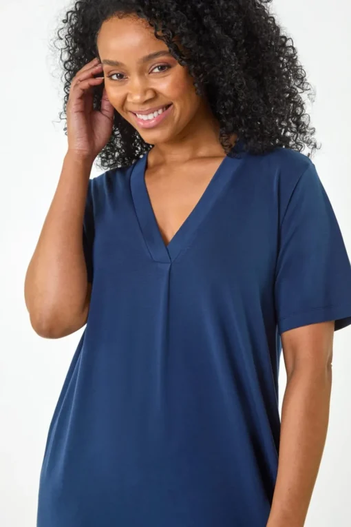 Roman Navy Petite V Neck Stretch Midi Dress