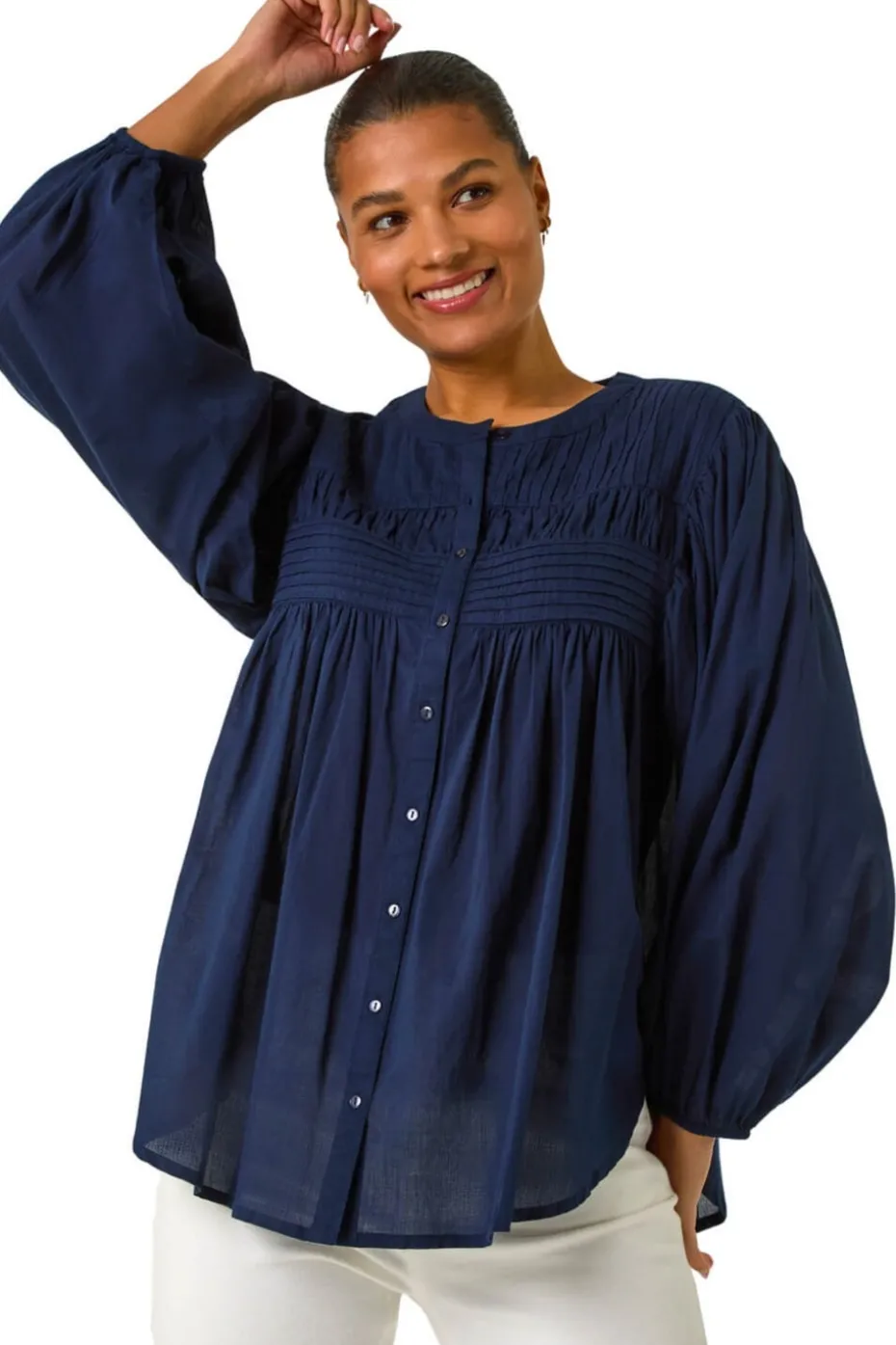 Roman Navy Pleat Detail Button Through Blouse