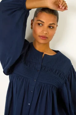 Roman Navy Pleat Detail Button Through Blouse