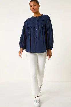 Roman Navy Pleat Detail Button Through Blouse
