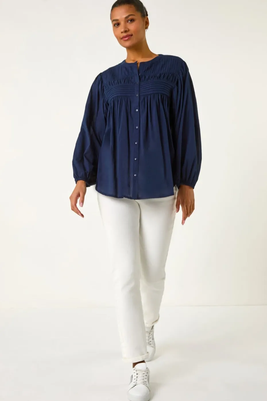 Roman Navy Pleat Detail Button Through Blouse