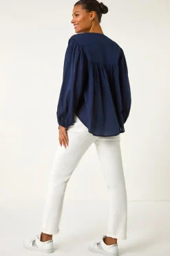 Roman Navy Pleat Detail Button Through Blouse