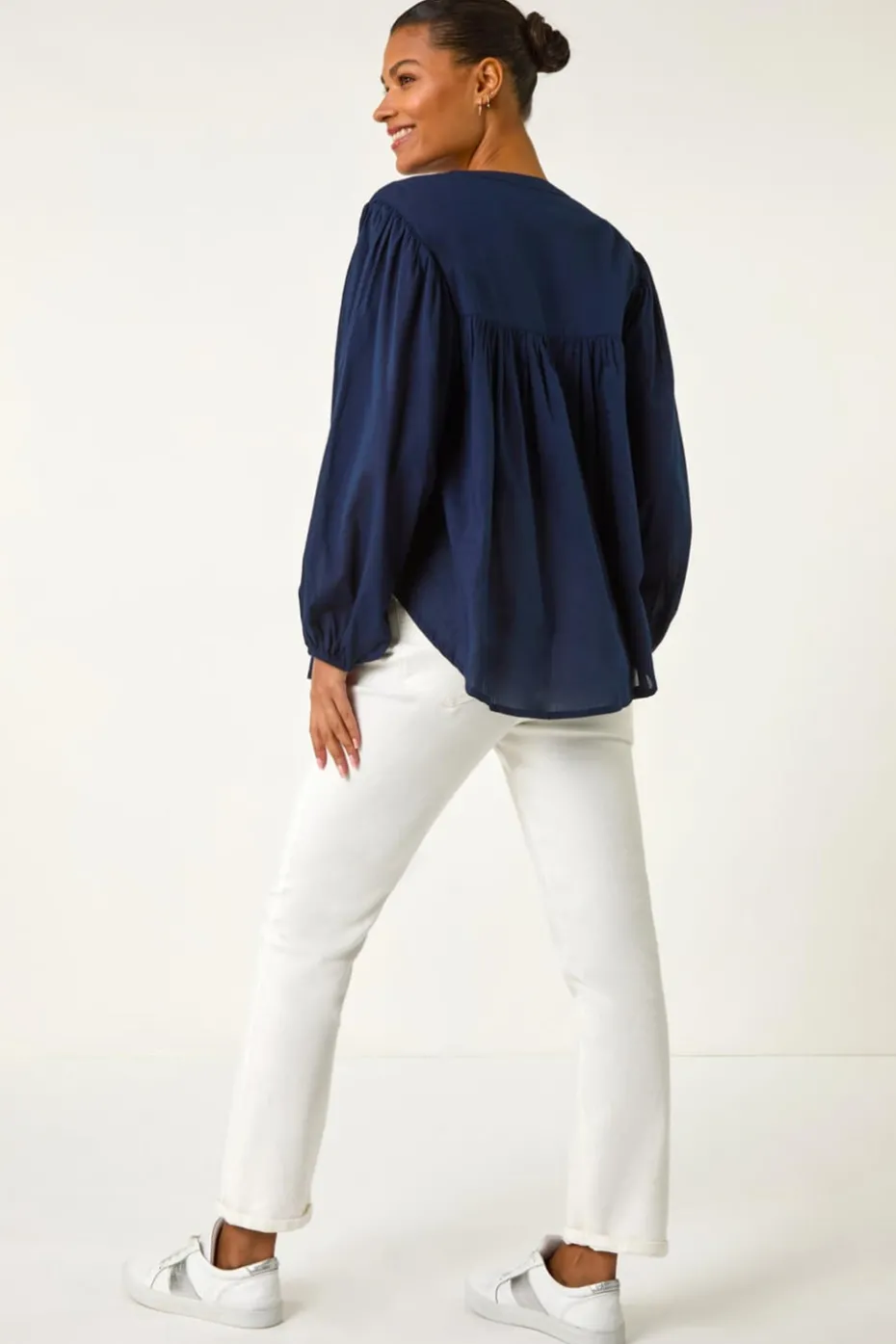 Roman Navy Pleat Detail Button Through Blouse