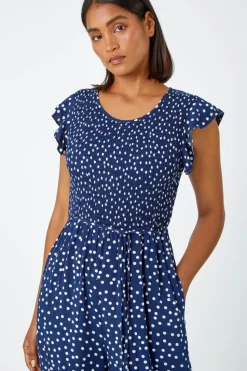 Roman Navy Polka Dot Shirred Pocket Jumpsuit