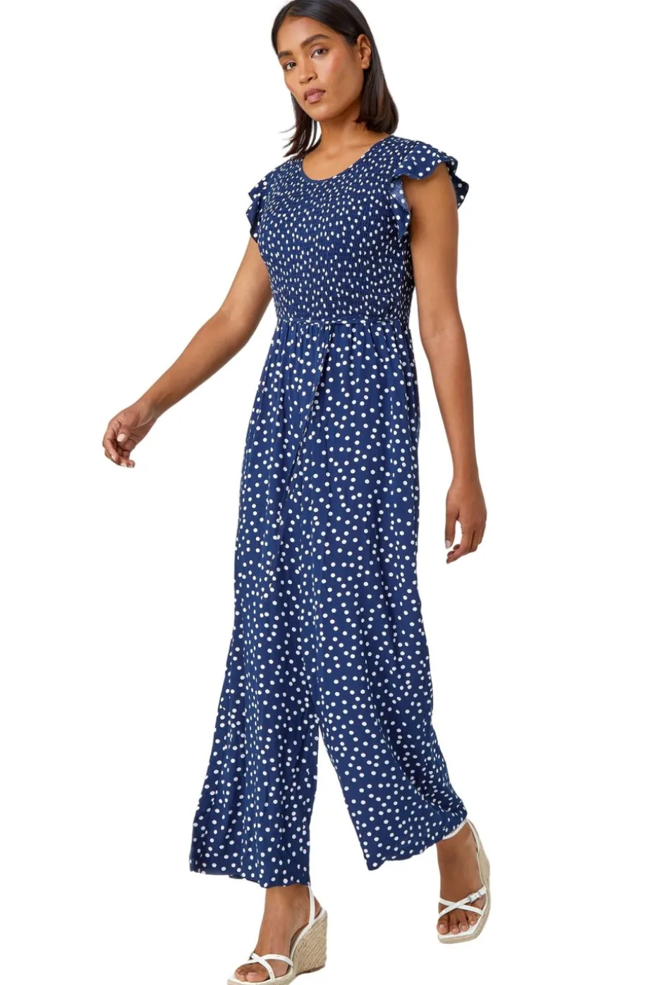Roman Navy Polka Dot Shirred Pocket Jumpsuit