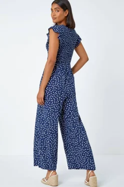 Roman Navy Polka Dot Shirred Pocket Jumpsuit