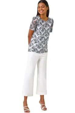 Roman Navy Printed Lace Stretch Top