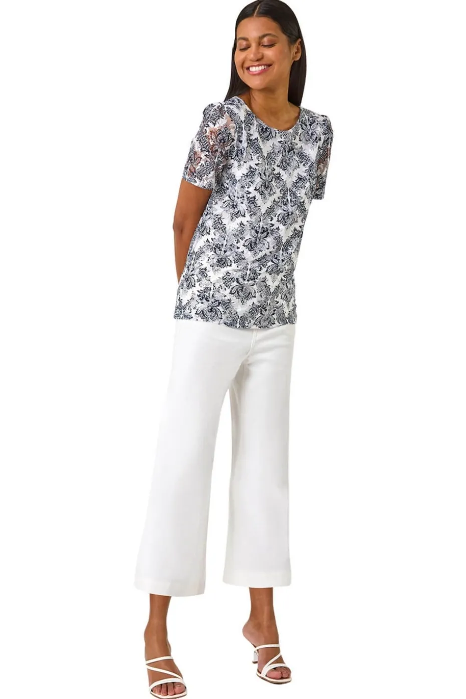 Roman Navy Printed Lace Stretch Top