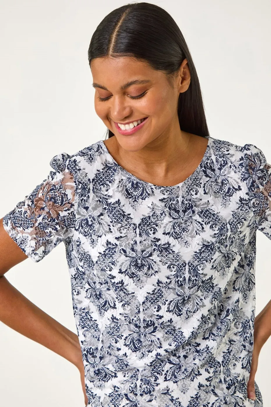 Roman Navy Printed Lace Stretch Top