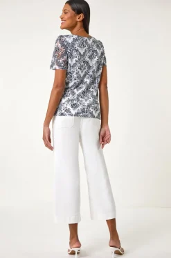 Roman Navy Printed Lace Stretch Top