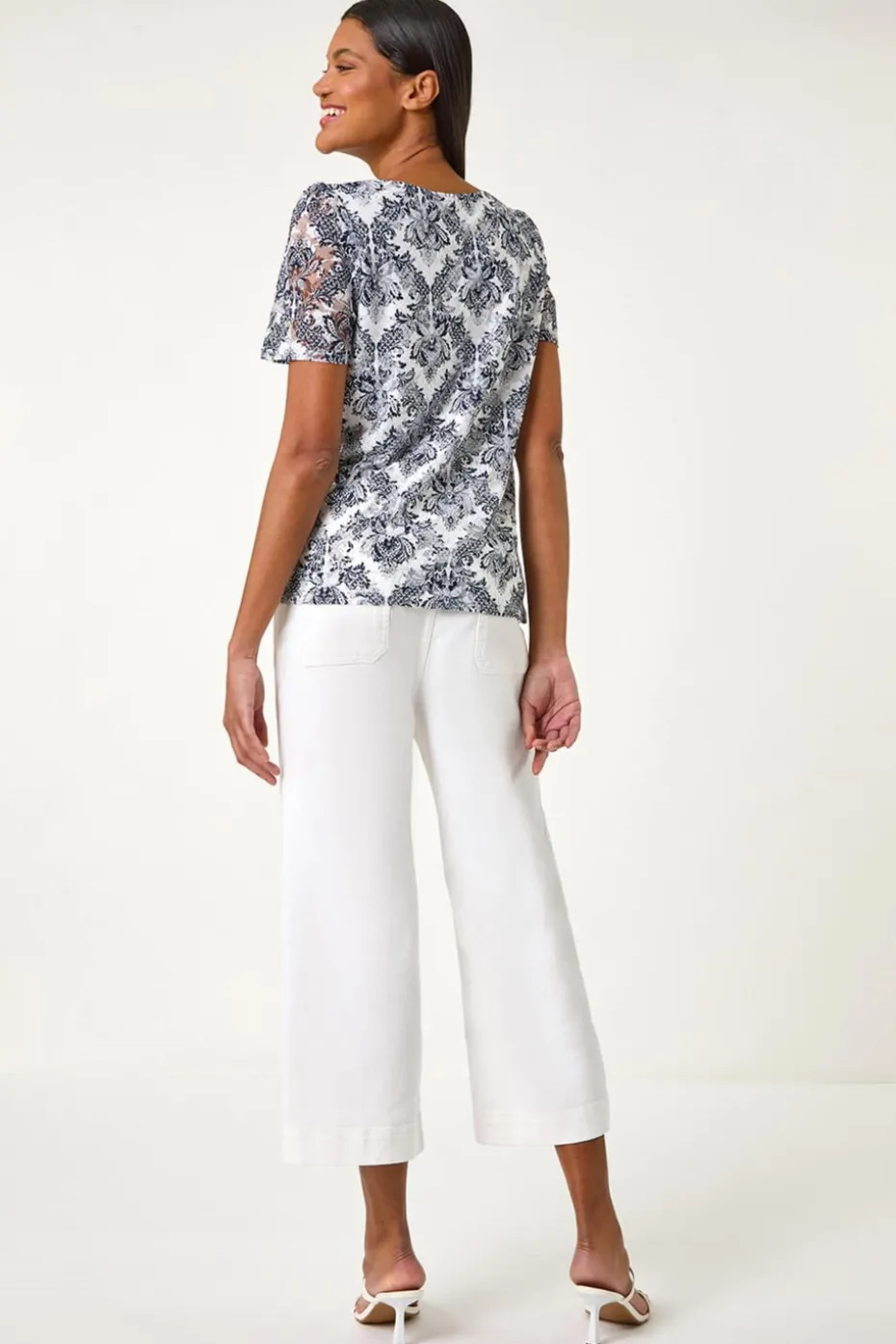 Roman Navy Printed Lace Stretch Top