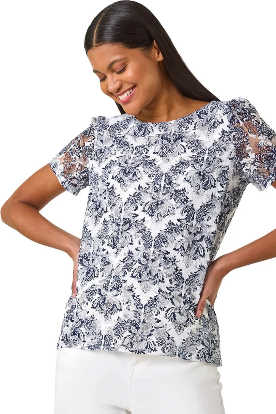 Roman Navy Printed Lace Stretch Top