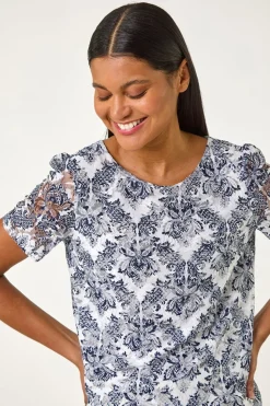 Roman Navy Printed Lace Stretch Top