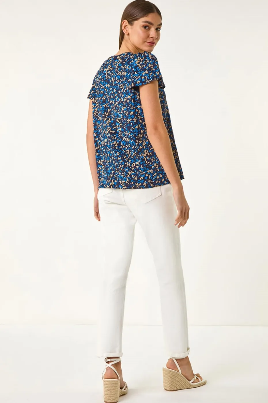 Roman Navy Printed Ruffle V Neck Stretch Top