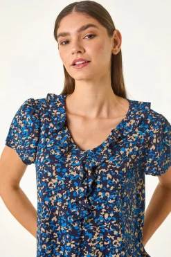 Roman Navy Printed Ruffle V Neck Stretch Top