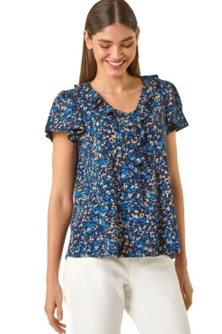 Roman Navy Printed Ruffle V Neck Stretch Top
