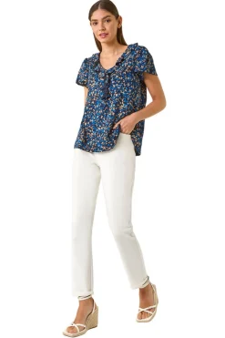 Roman Navy Printed Ruffle V Neck Stretch Top